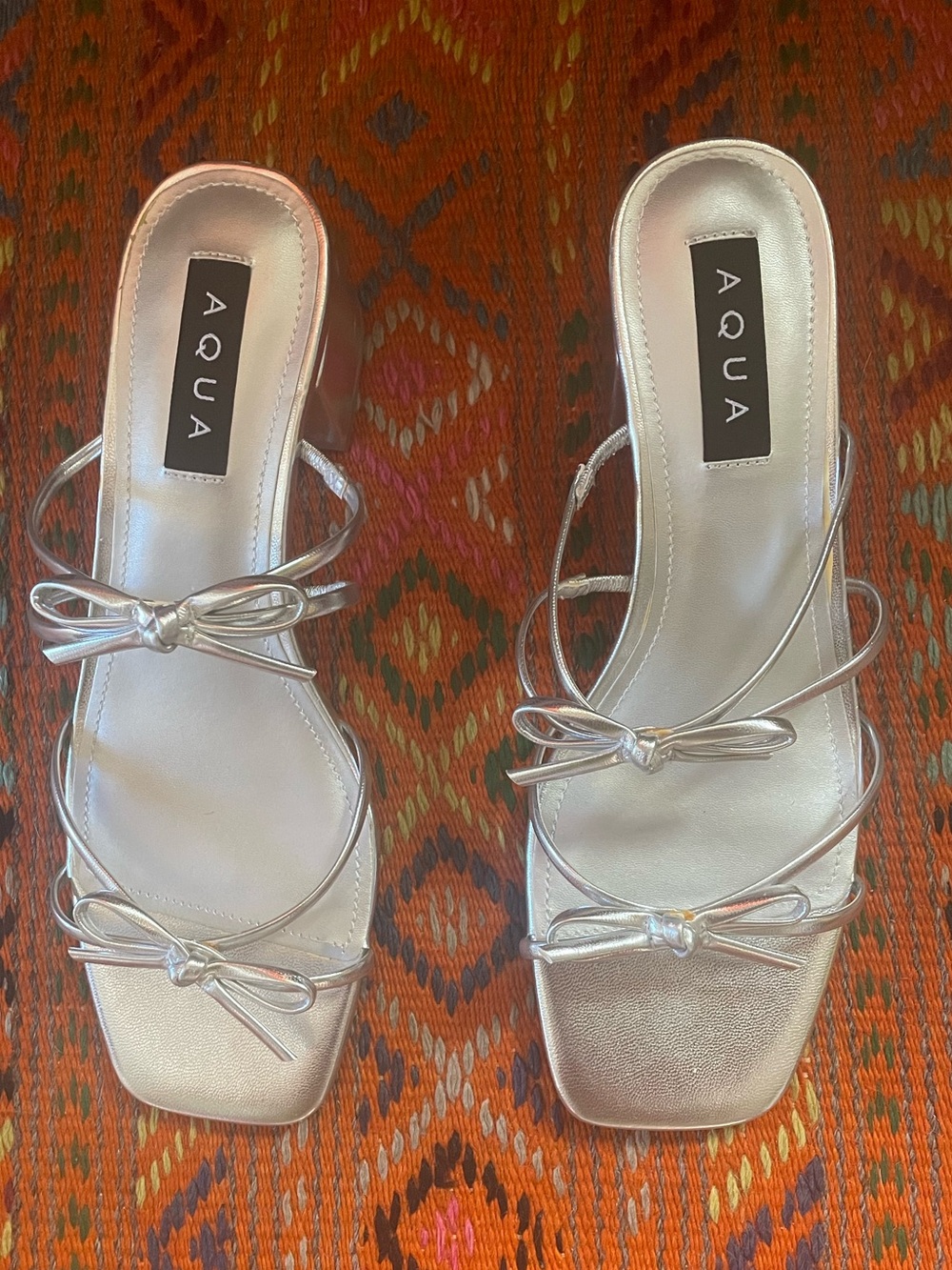 Aqua Silver Bow Block Heel Slide Sandals